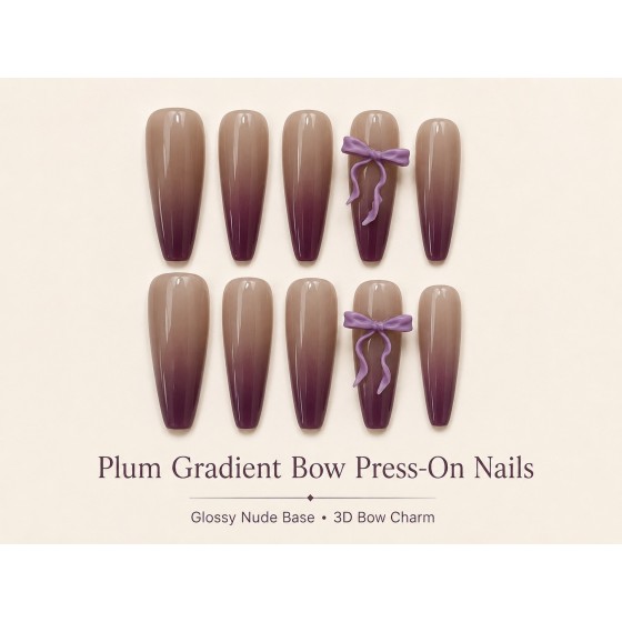 Nude Plum‑Purple Gradient 3D Bow Press‑On Nails, Long Coffin Elegant False Nails